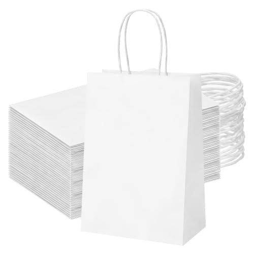 OUTUXED 100pcs Small White Paper Bags with Handles, Kraft Paper Gift Bags - color: White 5.25x3.2x8in, size: 1 Count (Pack of 100)
