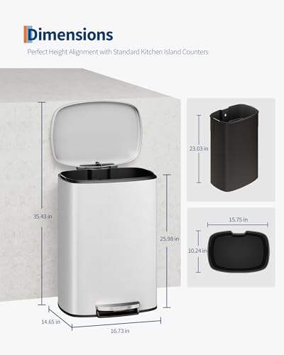Garvee 13 gal (50 L) and 2.6 gal (10 L) Metal Trash Can Combo Set, Rustproof Garbage Can with Lid, Step-on Trash Bin with Inner Bucket, Rear Handle, White - color: White, size: 13.2 + 2.6 gal Combo Set