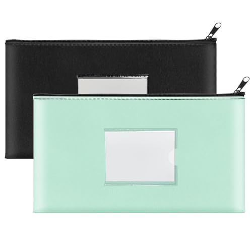 2 Pack PU Leather Bank Money Bags with Zipper & Label, Black & Aqua Blue - color: Black & Aqua Blue