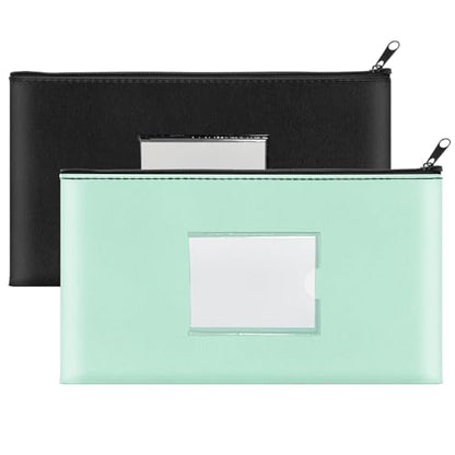 2 Pack PU Leather Bank Money Bags with Zipper & Label, Black & Aqua Blue - color: Black & Aqua Blue