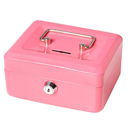 Decaller Small Cash Box with Lock and Slot, Metal Coin Bank Piggy Bank for Adults & Kids, 5.9" x 4.7" x 3.2", Pink - color: Pink, size: Small (5.9 Inch)