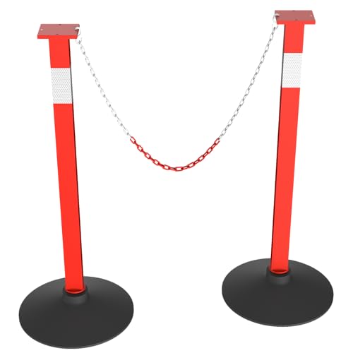 Traffic Delineator Post with Weighted Base & Reflective Collars, Adjustable Parking Cones with 4 FT Chains, Portable Orange Driveway Barrier Pole for Traffic Crowd Control（Patented） - size: 2 Pack-Orange