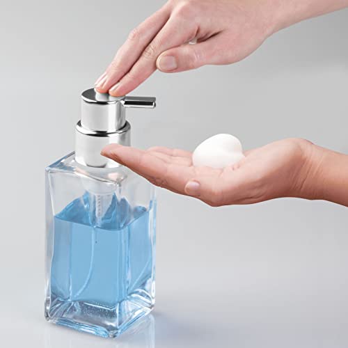 mDesign Glass Refillable Foaming Hand Soap Dispenser Modern Square Pump Bottle for Bathroom Vanities or Kitchen Sink, Countertops - 2 Pack - Clear/Chrome - color: Clear/Chrome