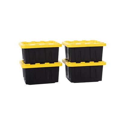 Plastic 5-Gallon Storage Tote with Lockable Lid, Stackable Tough Regular-Duty Bin for Garage, Tools, and Home Organization (4-Pack) - Black and Yellow - size: 5-Gallon (4-Pack)