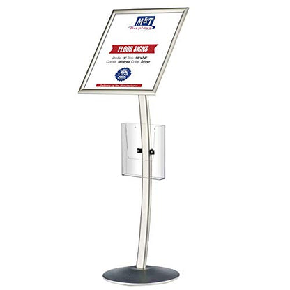 M&T Displays Curved Menu Board, 18x24 Inch Pedestal Sign Holder with 8.5x11 Inch Brochure Holder Silver Floor Standing Aluminum Front Loading Easy Open Poster Message Advertisement Post - color: Silver, size: 18x24
