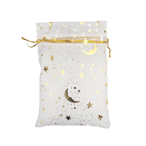 100 Pack 3.5 x 4.7 Inch Moon Star Organza Drawstring Bag B923, White - color: white