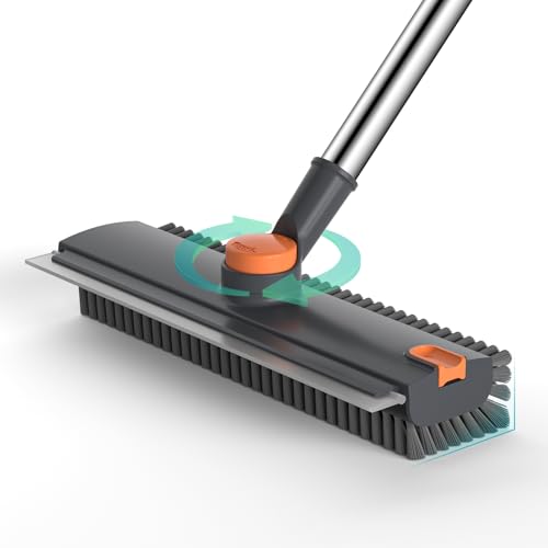 Floor Scrub Brush with Long Handle Length Adjustable, 3 in 1 Heavy-Duty Stiff 90° Bristle Floor Scrubber Broom with Squeegee, Cleaning Brush for Bathroom, Garage, Kitchen, Tile, Deck & Patio (Gray) - color: Gray