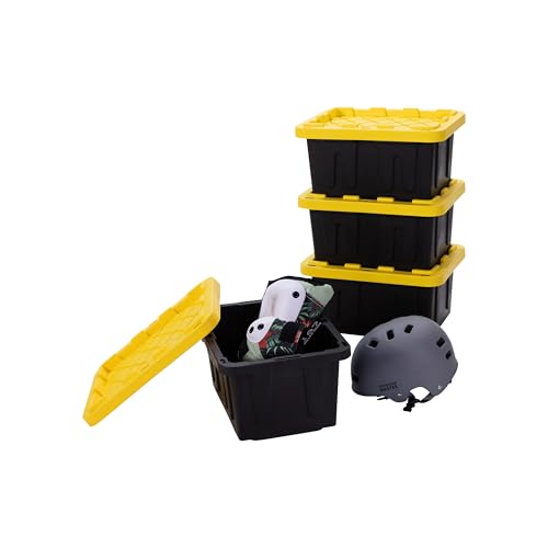 Plastic 5-Gallon Storage Tote with Lockable Lid, Stackable Tough Regular-Duty Bin for Garage, Tools, and Home Organization (4-Pack) - Black and Yellow - size: 5-Gallon (4-Pack)