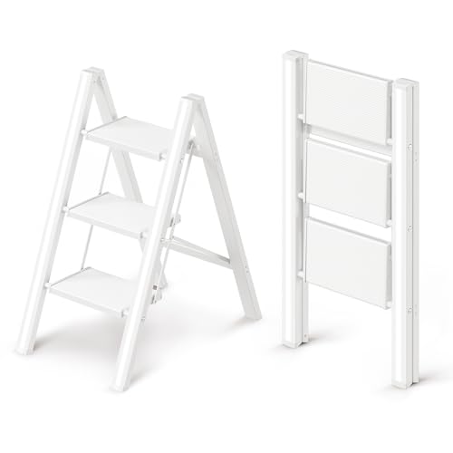 3 Step Ladder, Foldable Aluminum Step Stool with Anti-Slip Pedal - color: White, size: 3 Step