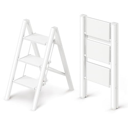 3 Step Ladder, Foldable Aluminum Step Stool with Anti-Slip Pedal - color: White, size: 3 Step