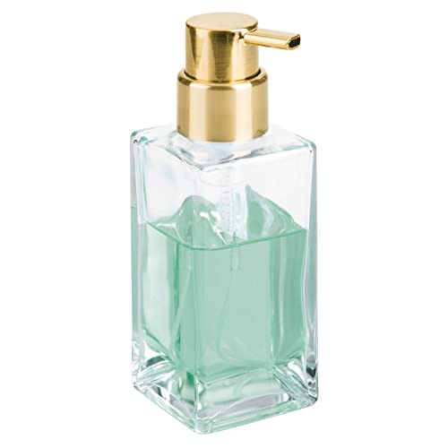 mDesign Glass Refillable Foaming Hand Soap Dispenser Modern Square Pump Bottle for Bathroom Vanities or Kitchen Sink, Countertops - 2 Pack - Clear/Soft Brass - color: Clear/Soft Brass