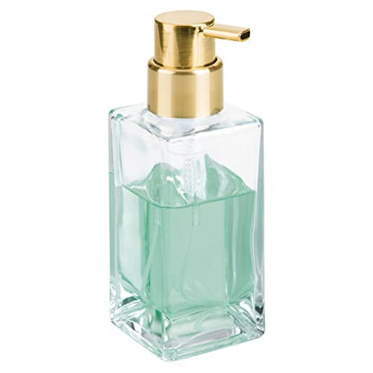 mDesign Glass Refillable Foaming Hand Soap Dispenser Modern Square Pump Bottle for Bathroom Vanities or Kitchen Sink, Countertops - 2 Pack - Clear/Soft Brass - color: Clear/Soft Brass