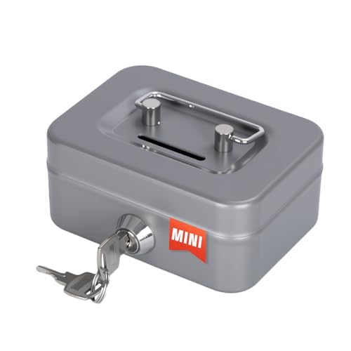 Cash Box with Lock Small Cute Coin Lock Box with Money Slot Mini Portable Gamble Safe Box 4.5"x3.4"x2.4" Grey - color: Grey-Mini