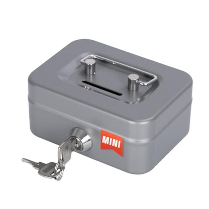 Cash Box with Lock Small Cute Coin Lock Box with Money Slot Mini Portable Gamble Safe Box 4.5"x3.4"x2.4" Grey - color: Grey-Mini