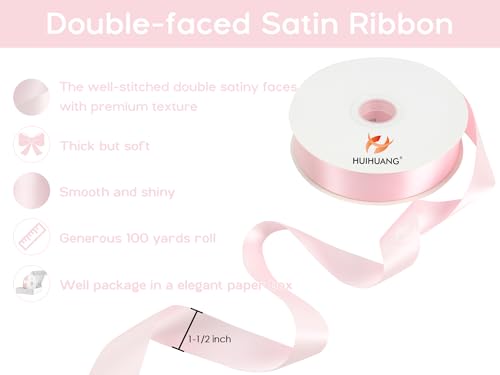 HUIHUANG Pink Double Faced Satin Ribbon 1-1/2 inch Continuous 100 Yards - color: Light Pink, size: 1-1/2 inch