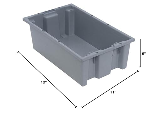 Quantum Storage Systems Stack and Nest Tote Heavy Duty Polypropylene Container, 18" W x 11" D x 6" H, 0.5 Cap (cu ft.) - Gray, 6 Pack