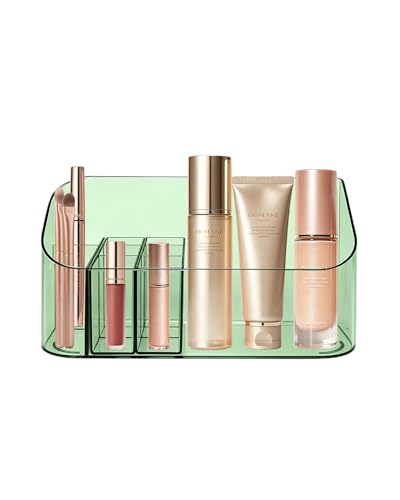 Makeup Tray Holder Organizer Cosmetic Display Case Tabletop Desktop Vanity Countertop Bathroom Wall Cabinet Medicine Storage Box 9 Dividers 2 Removable Women Ladies Girls Gifts Crystal Green 1 PACK - color: Crystal Green