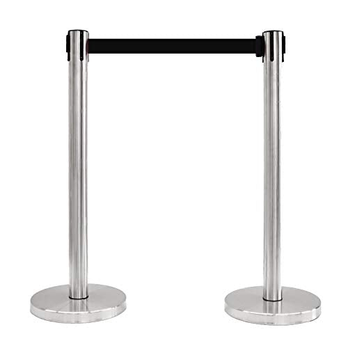 40" HT Retractable Belt Queue Safety Stanchions Barrier Combo Set (6 Satin Stainless Posts with 8' Blk Belt & Flat Base + SFrame+WBracket) - color: 6 Satin Stainless Posts With 8' Blk Belt & Flat Base + Sframe+wbracket