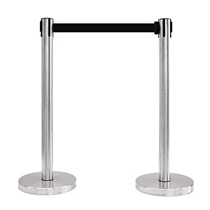 40" HT Retractable Belt Queue Safety Stanchions Barrier Combo Set (6 Satin Stainless Posts with 8' Blk Belt & Flat Base + SFrame+WBracket) - color: 6 Satin Stainless Posts With 8' Blk Belt & Flat Base + Sframe+wbracket