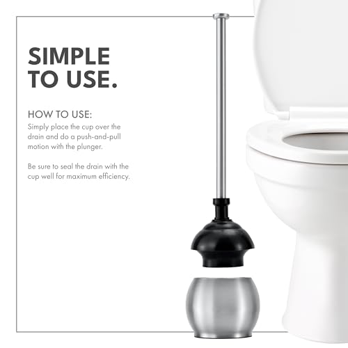 ToiletTree Products Stainless Steel Plunger - Heavy Duty Toilet Bowl Plunger with Holder for Bathroom Essentials and House Cleaning Tools - Stainless Steel, 6.5” x 6.5” x 18.5”