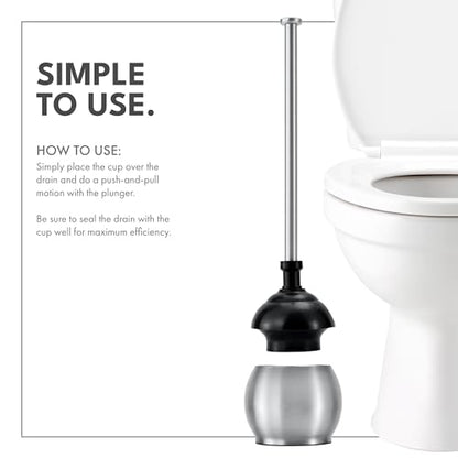 ToiletTree Products Stainless Steel Plunger - Heavy Duty Toilet Bowl Plunger with Holder for Bathroom Essentials and House Cleaning Tools - Stainless Steel, 6.5” x 6.5” x 18.5”