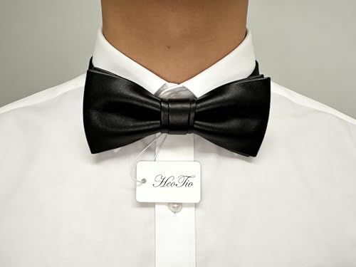 Pre-tied Pure Color PU Leather luxury Bow Ties Collar for Men-Multicolor - color: Black