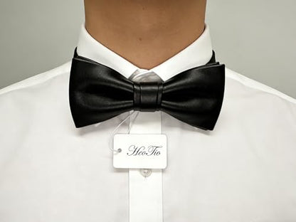 Pre-tied Pure Color PU Leather luxury Bow Ties Collar for Men-Multicolor - color: Black