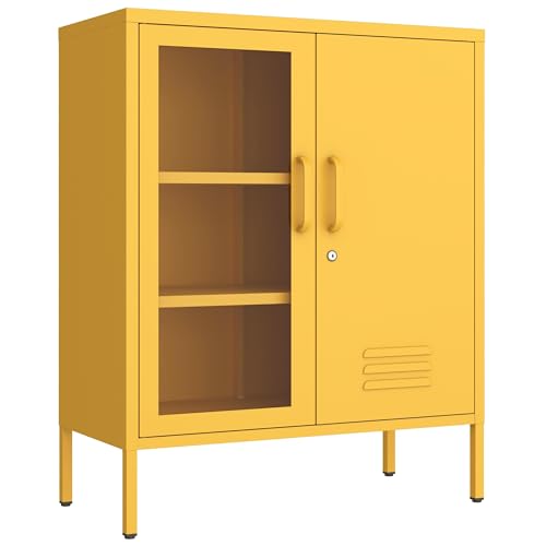Yellow Lockable Glass & Metal Door Storage Cabinet, 3-Tier Freestanding Locker Organizer with 2 Adjustable Shelves, Multipurpose Unit for Home, Entryway, Hallway, 33" H x 29.5" W x 13.8" D - color: Mustard, style: Cabinet-33"H-KS