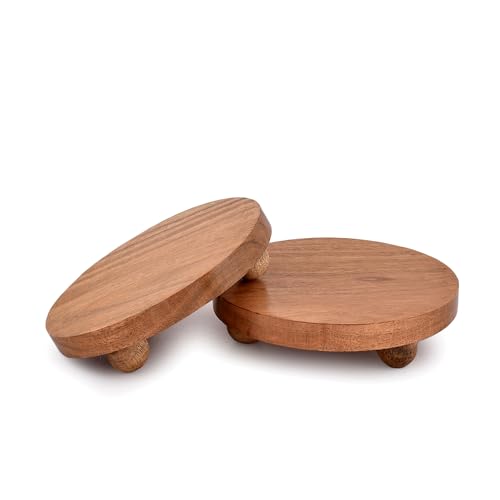 NIRMAN Display Stand Round Acacia Wood Stand for Display Wooden Stand for Kitchen/Bathroom Counter/Plant Stand (5.5" x 5.5" x 1.5"), (Set of 2)