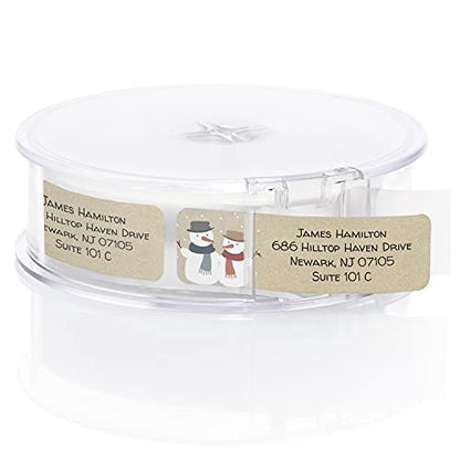 Kraft Snowmen Rolled Address Label/Roll of 250 Rustic Holiday Personalized Address Labels/Designer Return Address Stickers in Elegant Plastic Dispenser - size: 250 Labels, style: Kraft Snowmen