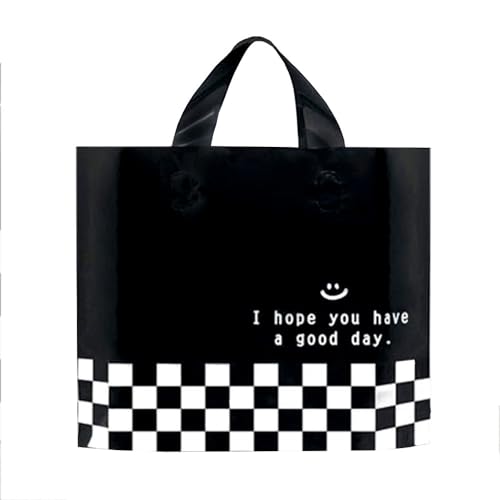 Booge 50 Count 9.8'' x 11.8'' Plastic Merchandise Thank You Bags with Handle for Customers Parties Favors Goodies - Black and White Lattice - color: Black and White