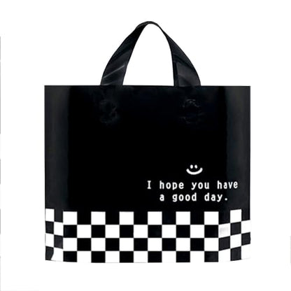 Booge 50 Count 9.8'' x 11.8'' Plastic Merchandise Thank You Bags with Handle for Customers Parties Favors Goodies - Black and White Lattice - color: Black and White