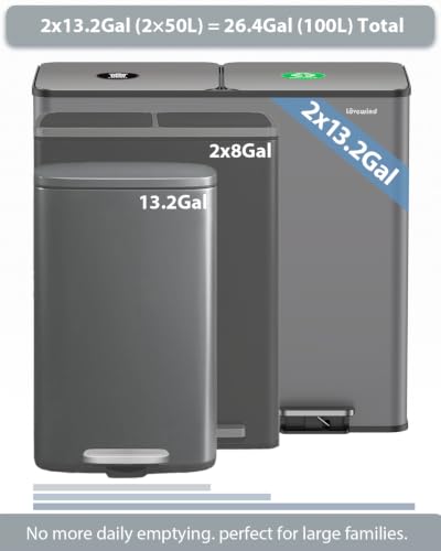 Dual Trash and Recycling Bins for Kitchen, 2*13.2 Gal Dual Trash Can, Gray - color: Gray, size: 2 * 13.2 Gallon