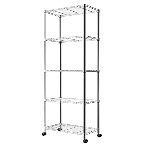 Storage Shelves ，Chrome,Durable Wire Shelving, Vertical Heavy Duty Combination, Kitchen, Bedroom, Living Room, Study, Utility Room, Basement, Garage, Free Movement with Moving Wheels - color: Chrome, size: 5-Shelf