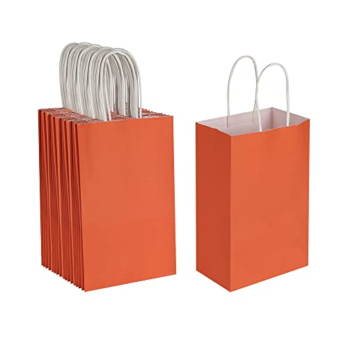 Oikss 50 Pack 5.25x3.25x8.25 Inch Small Orange Kraft Paper Bags with Handles Bulk for Birthday Wedding Party Favors Grocery Retail Shopping Business Goody Craft Gift Bags Cub Sacks, 50 Count - color: Orange