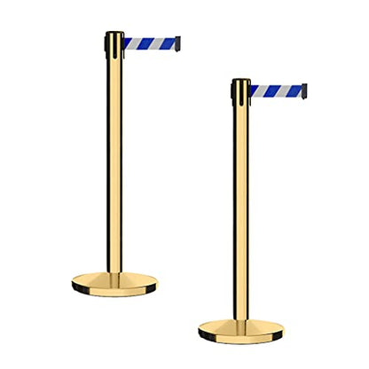 CCW 2-Pack Retractable Belt Barrier Stanchions, 9 Ft, Polished Brass Posts - color: Blue and White Diagonal, size: 9 Foot