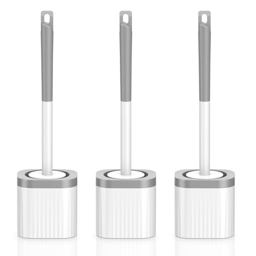 Toilet Brush, 3 Pack Compact Toilet Bowl Brush and Holder Set with Nylon Bristles Toilet Cleaner Brush Hidden Toilet Scrubber Brush for Bathroom Cleaning, Grey & White - color: Grey White-3p