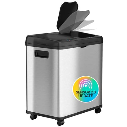 iTouchless 16 Gallon Sensor 2.0 Technology Dual Compartment Kitchen Trash Can and Recycle Bin with Wheels, Stainless Steel Automatic 8 Gallon Per Side for Home Office Store Business