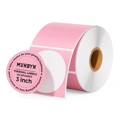 MUNBYN 3 Inch Pink Circle Thermal Labels for Business, 500 Sheets/1 Roll - color: Pink, size: 3inch