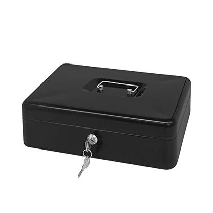 Steel Cash Box with Key Lock, Metal Small Money Organizer with Money Tray,Cash Storage Box with Lockable Cover (Black - 12 inch) - color: Black - 11.8" x 9.4" x 3.5"