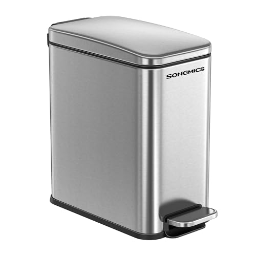 SONGMICS Bathroom Trash Can, 1.3 Gallon Stainless Steel Trash Bin with Lid - color: Silver, style: 1.3 Gal.