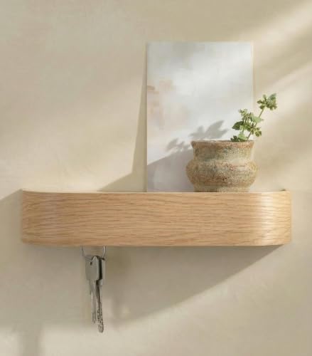 Kazai. Key Holder 'Toke' | Minimalist Key Hook Design from Berlin | Modern Key Holder Wall Mount with Wooden Shelf | Key Rack for Wall as Entryway Organizer | Oak, White - color: Oak, white, size: 10.4" (6 Hooks)