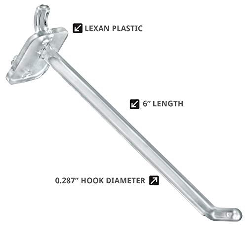 Azar Displays 800006-C Pack of 50 Clear Pegboard Hooks (Also Available in Black & White) - 6” Pegboard Hook Set (2” & 4” Pegboard J Hooks Also Available) - Polycarbonate Plastic Hooks for Retail - color: Clear, size: 6 Inch