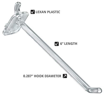 Azar Displays 800006-C Pack of 50 Clear Pegboard Hooks (Also Available in Black & White) - 6” Pegboard Hook Set (2” & 4” Pegboard J Hooks Also Available) - Polycarbonate Plastic Hooks for Retail - color: Clear, size: 6 Inch