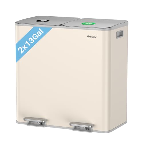 Dual Trash and Recycling Bins for Kitchen, 2×13 Gallon (2× 50L) Stainless Steel Trash and Recycle Bin Combo with Soft-Close Lid, Large Garbage Cans for Kitchen Home with 2 Magnets Sticker, Apricot - color: Apricot