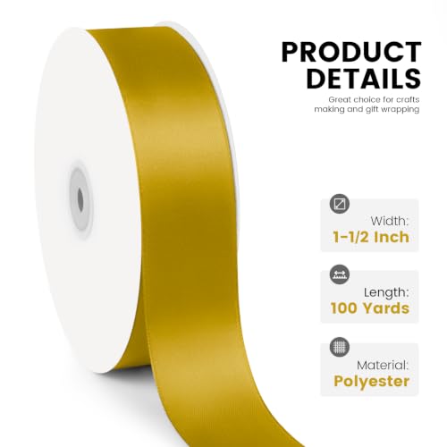 KMER LIFE 1-1/2" x 100 Yards Golden Satin Ribbon Crafts Gift Wrapping - color: Golden, size: 1-1/2" x 100 Yards
