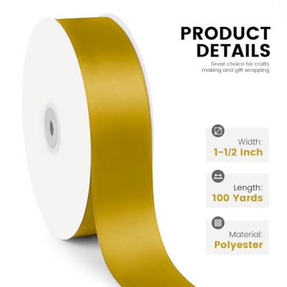 KMER LIFE 1-1/2" x 100 Yards Golden Satin Ribbon Crafts Gift Wrapping - color: Golden, size: 1-1/2" x 100 Yards