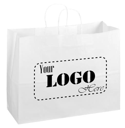 Flexicore Packaging 16"x6"x12" | 10 to 1,000 Pcs - White Kraft Paper Bags, Shopping, Merchandise, Party, Gift Bags, (Custom Printed-White)