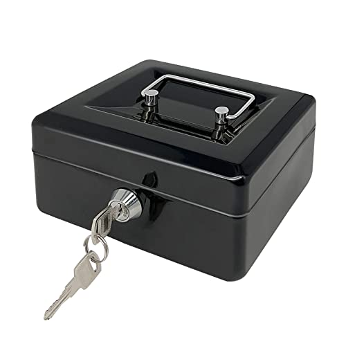 Steel Cash Box with Key Lock, Metal Small Money Organizer with Money Tray,Cash Storage Box with Lockable Cover (Black - 6 inch) - color: Black - 5.9" x 3.1" x 4.7"