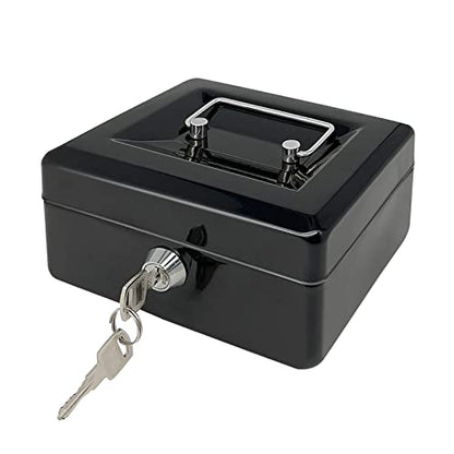 Steel Cash Box with Key Lock, Metal Small Money Organizer with Money Tray,Cash Storage Box with Lockable Cover (Black - 6 inch) - color: Black - 5.9" x 3.1" x 4.7"